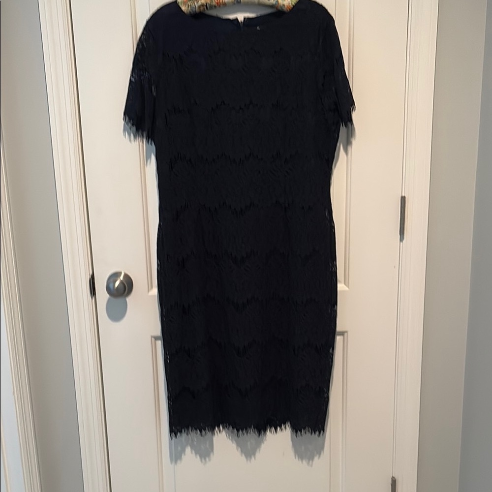 Preston & York Navy Blue Lace Sheath Midi Dress Short Sleeve Crew Neck